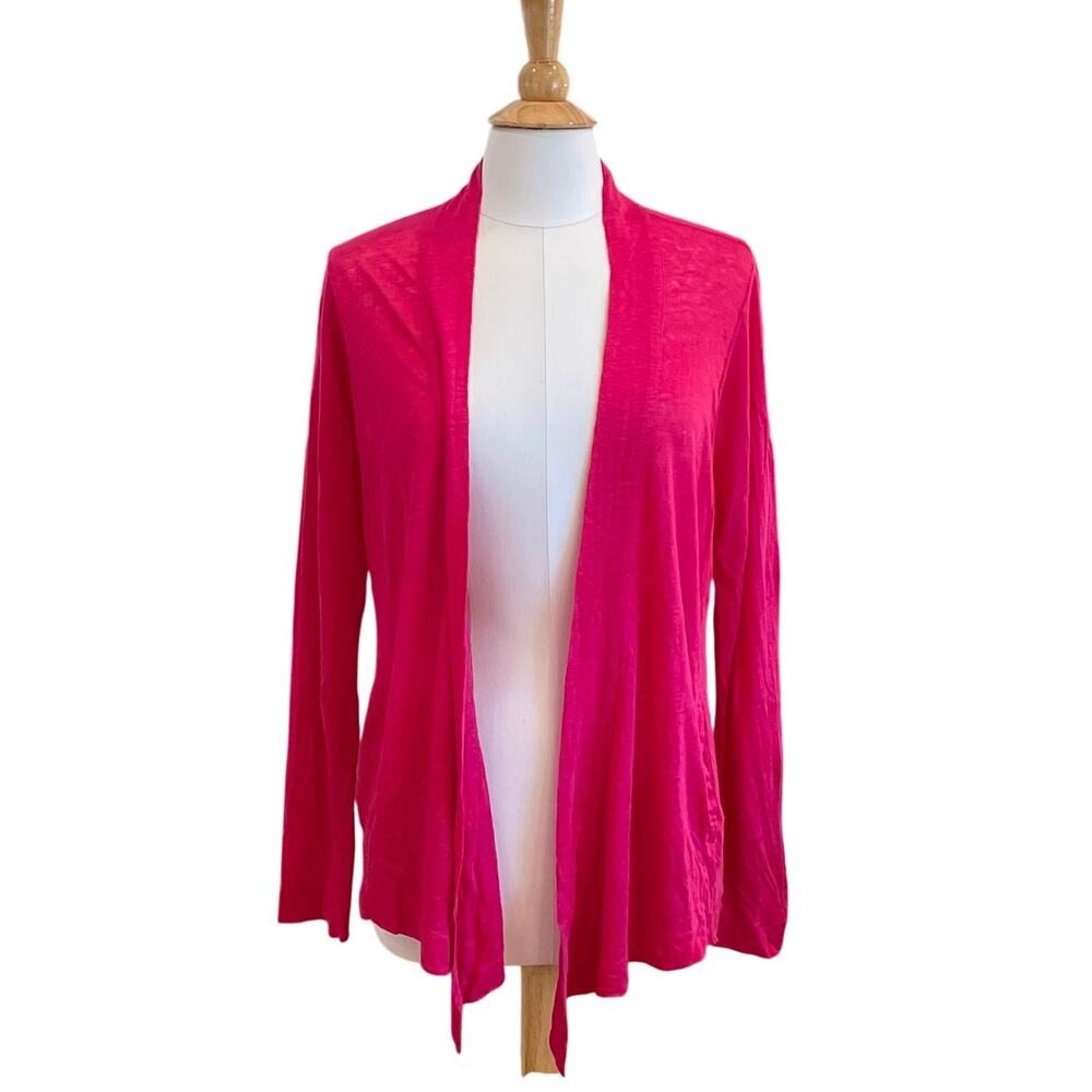 Calvin Klein Bright Pink Linen Open Front Cardigan, Pockets, Size L